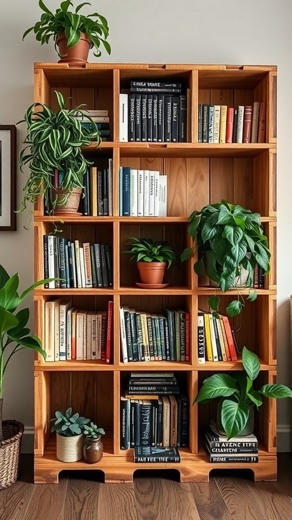 A rustic wooden bookshelf filled with books and plants, showcasing a cozy and inviting atmosphere.