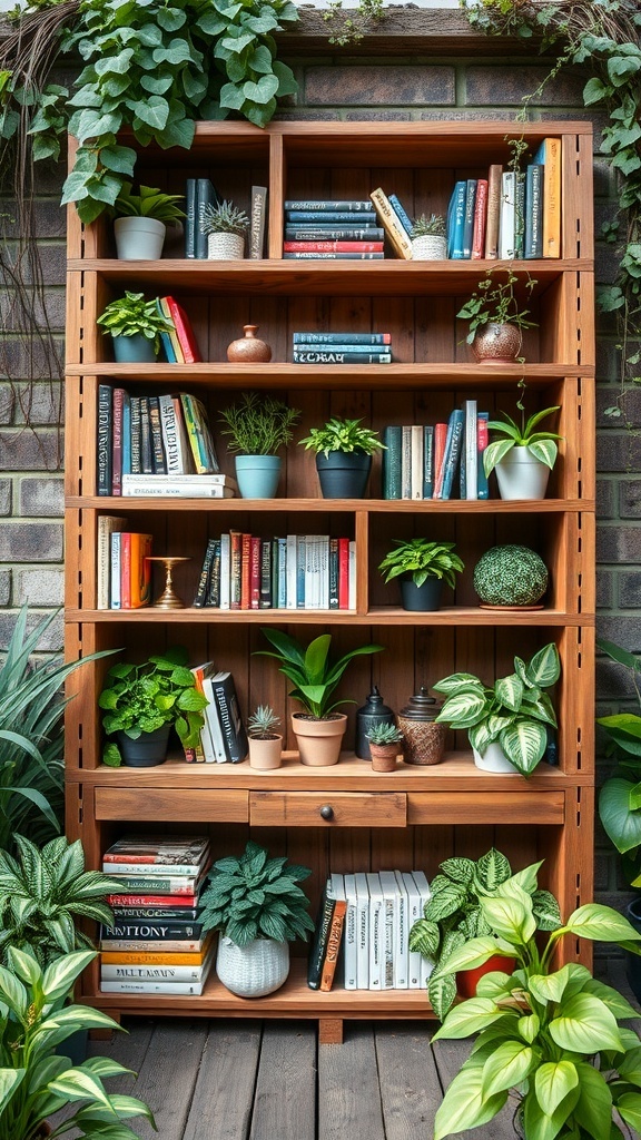 A DIY pallet bookshelf filled with books and plants, showcasing a rustic design.