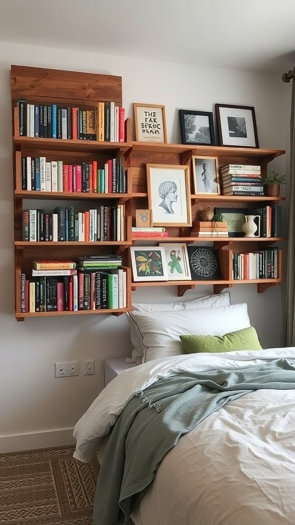 A stylish DIY pallet bookshelf filled with books and decorative items above a bed.