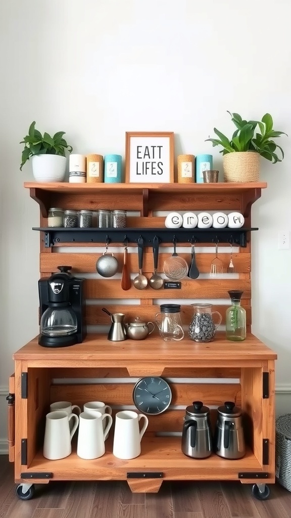 A DIY pallet coffee station with wooden shelves, coffee maker, jars, and decorative plants.