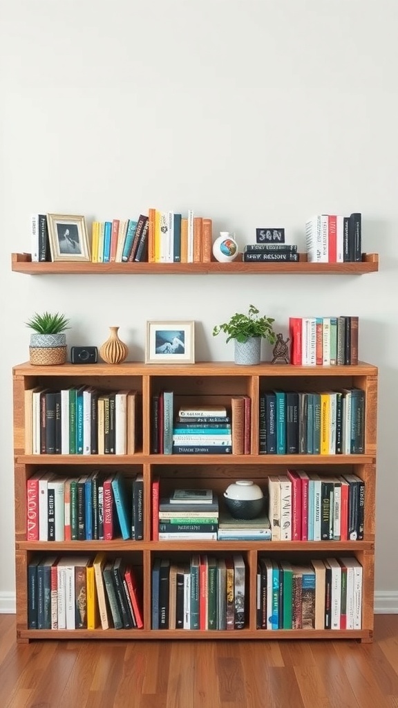 A stylish DIY pallet wood bookshelf filled with books and decorative items.