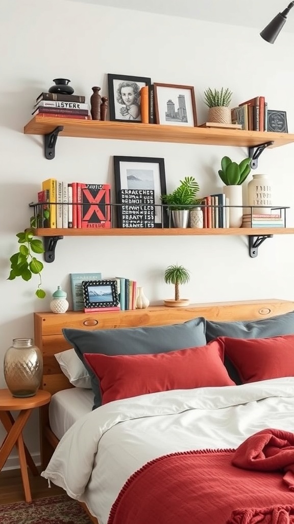 A cozy bedroom featuring a DIY pallet wood bookshelf filled with books and decorative items.