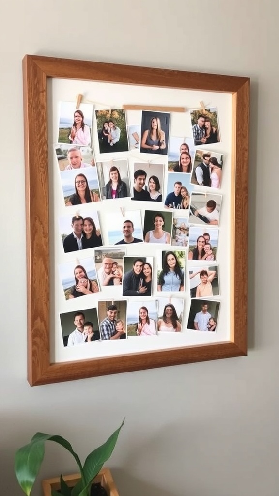A DIY photo collage in a wooden frame displaying various family and friend photos.