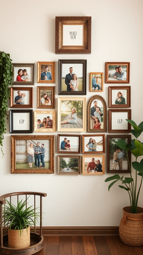 A collage of various photo frames displaying family pictures on a wall.