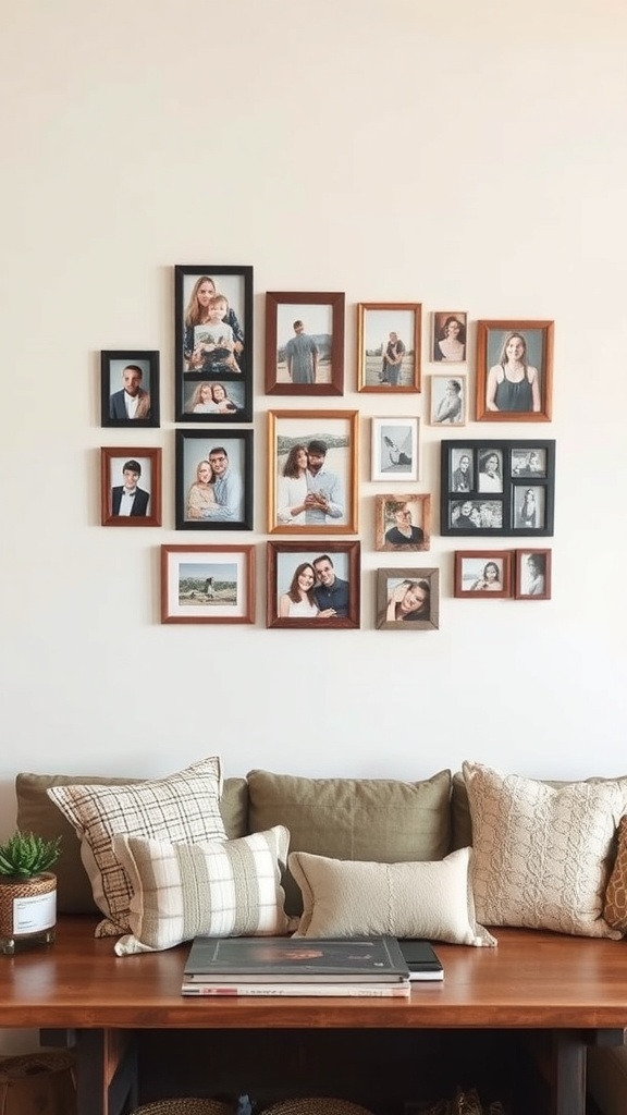 A collage of various photo frames on a wall, showcasing different pictures.