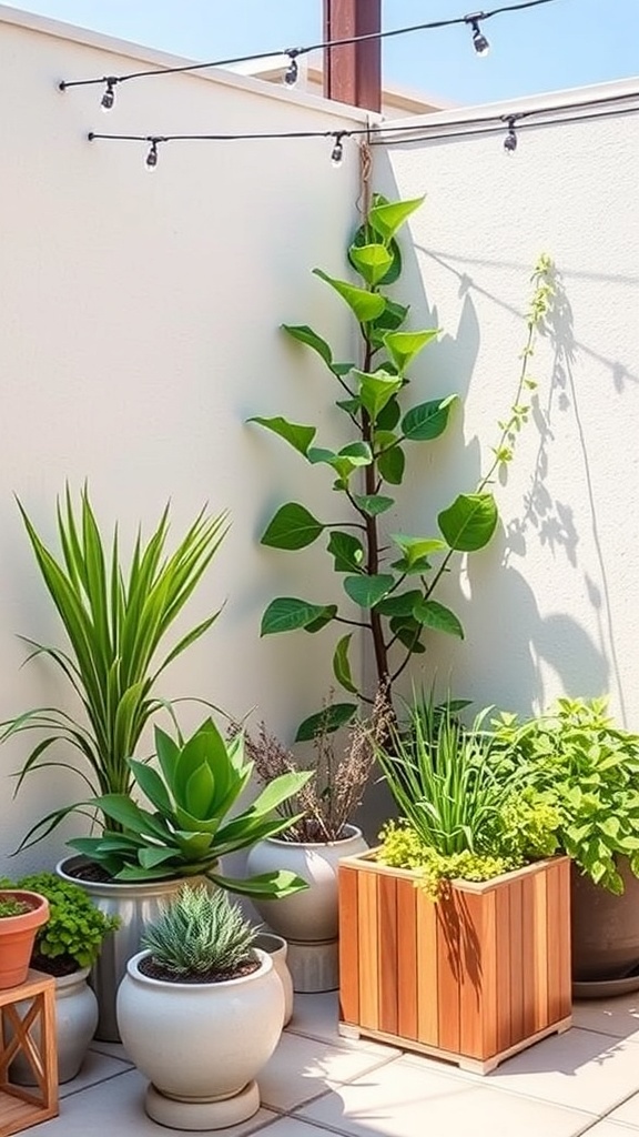 A collection of DIY planters with various plants on a minimalist patio.