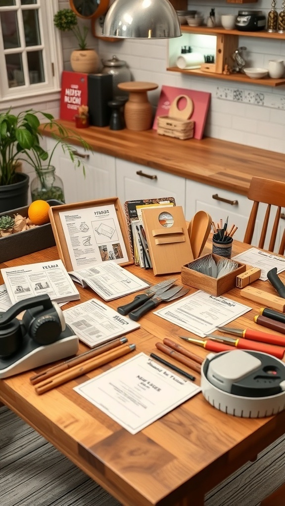 A well-organized DIY workspace with tools and project kits for beginners.