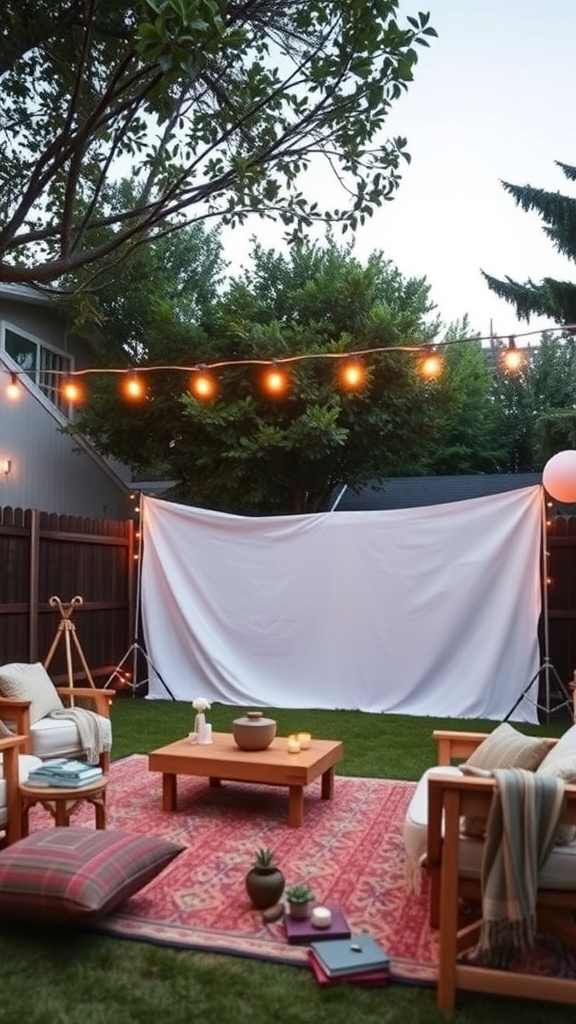 Cozy outdoor cinema setup with a projector screen, string lights, and comfortable seating.