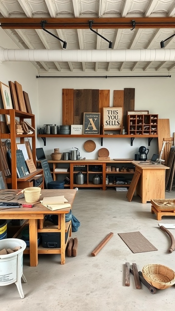 A cozy workshop filled with wood materials and tools for DIY rustic decor projects.