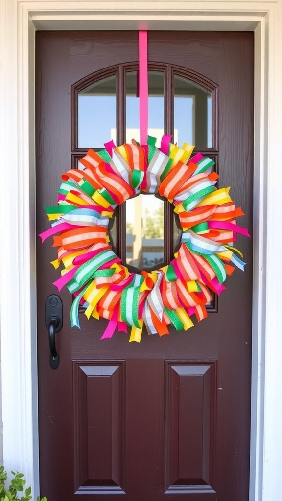A colorful DIY ribbon wreath hanging on a front door.
