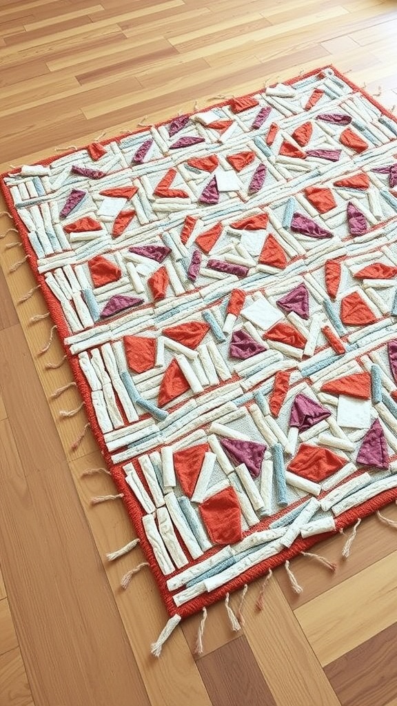 Colorful DIY rug with geometric patterns on wooden floor.