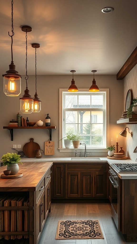 A rustic kitchen with hanging lighting fixtures, wooden cabinets, and a cozy atmosphere.
