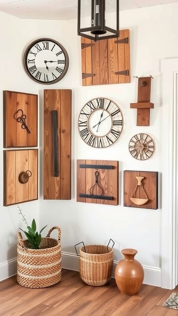 A cozy wall featuring rustic wooden clocks and art pieces, showcasing a warm and inviting farmhouse style.