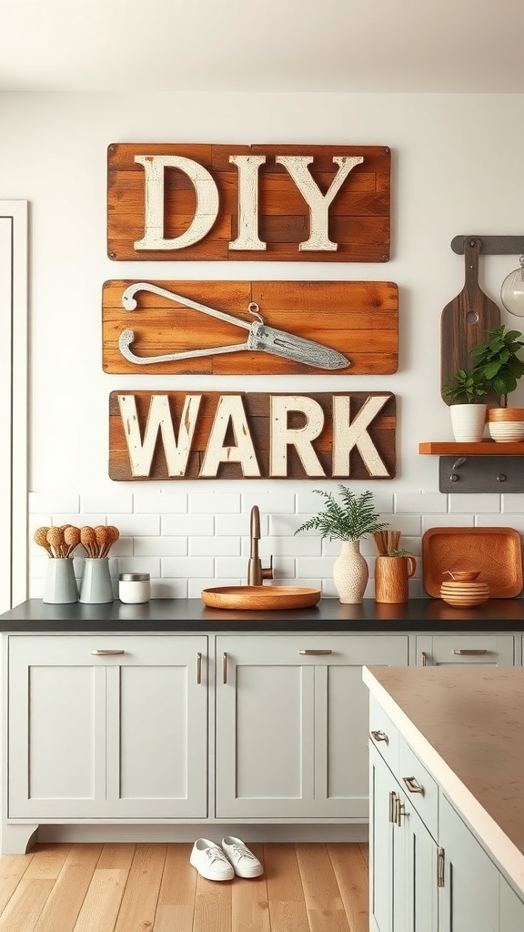 Rustic wall art made from wooden signs spelling 'DIY WORK' in a kitchen setting