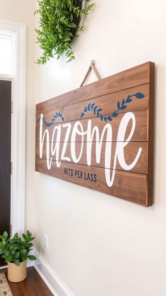 A rustic wood sign hanging on a wall with the words 'HOIME WOLIME WORKLE'.