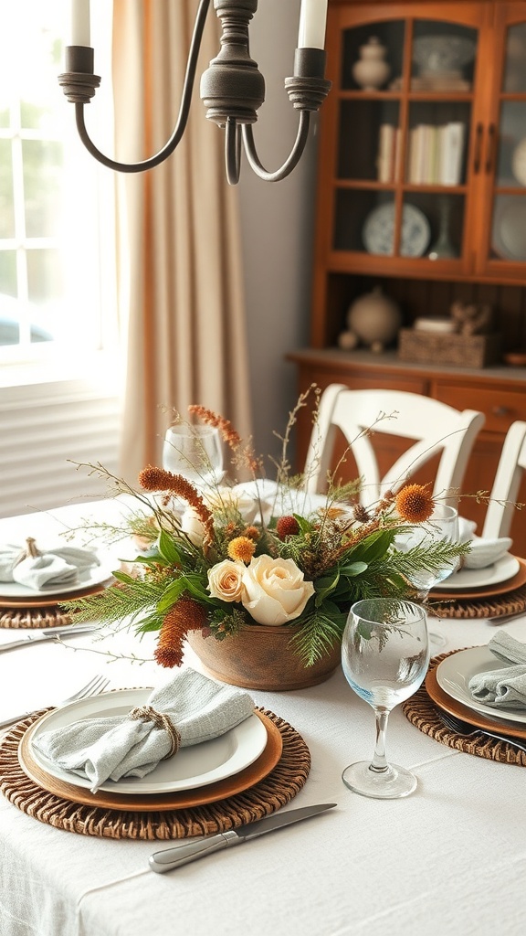 A beautifully arranged seasonal centerpiece featuring roses and greenery on a dining table.