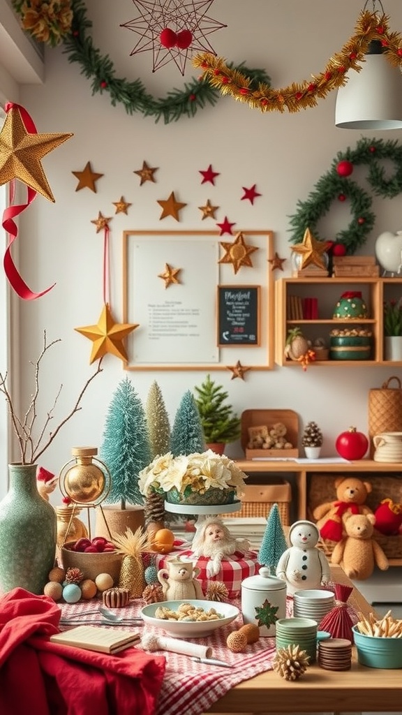 A cozy holiday-themed decor setup with stars, trees, and festive items.