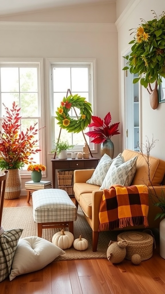 Cozy living room decorated for autumn with a wreath, colorful flowers, and pumpkins.