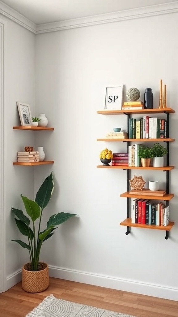 Stylish DIY shelving in a small apartment with plants and books.
