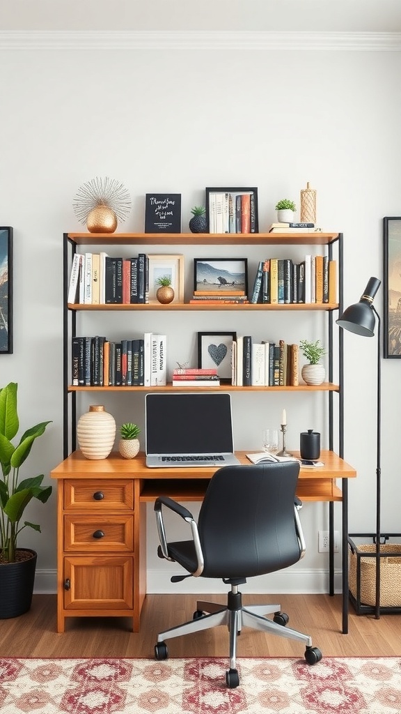 A modern home office setup featuring a stylish wooden and metal shelving unit with books, plants, and decorative items.