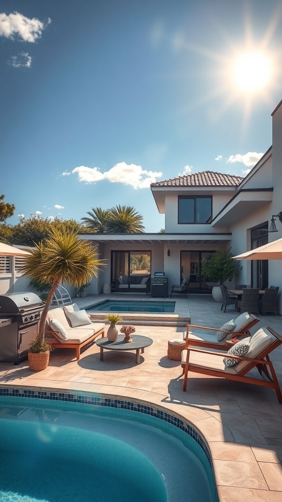 Sommerliche Wanddekorationen und eine einladende Terrasse mit Pool