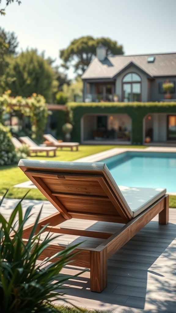 DIY Sonnenliege aus Holz im Garten mit Pool im Hintergrund