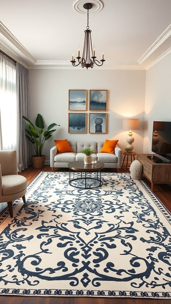 A stylish living room featuring a stenciled rug with an intricate navy blue design on a light background, complemented by cozy furniture and decor.