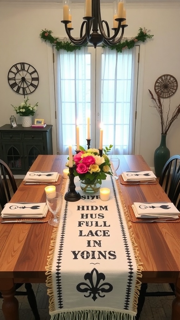 A stenciled table runner on a dining table with candles and flowers.