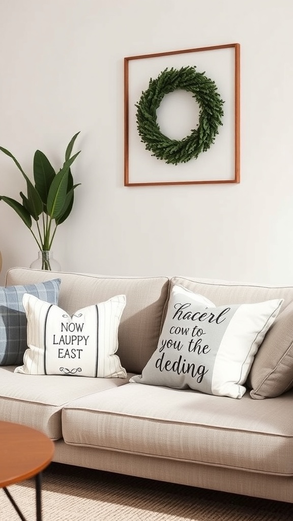 A cozy sofa with stenciled throw pillows featuring playful text designs.