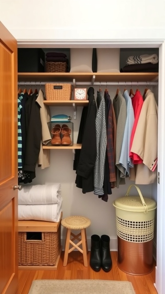 A well-organized small closet with clothes, shoes, and storage baskets.