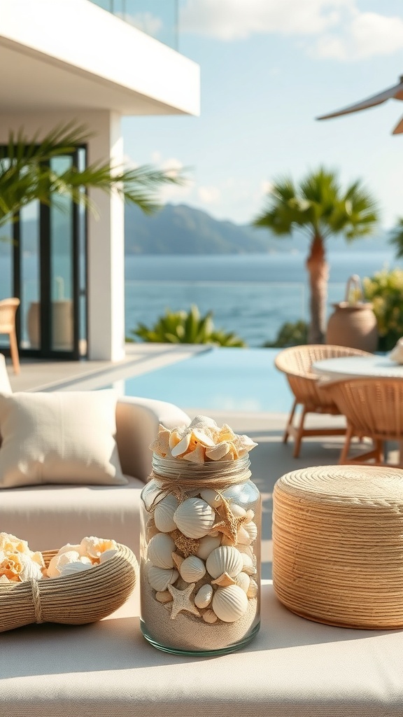 Ein Glas mit Muscheln und Sand auf einem Tisch, umgeben von einer entspannten Terrasse mit Blick auf das Meer.