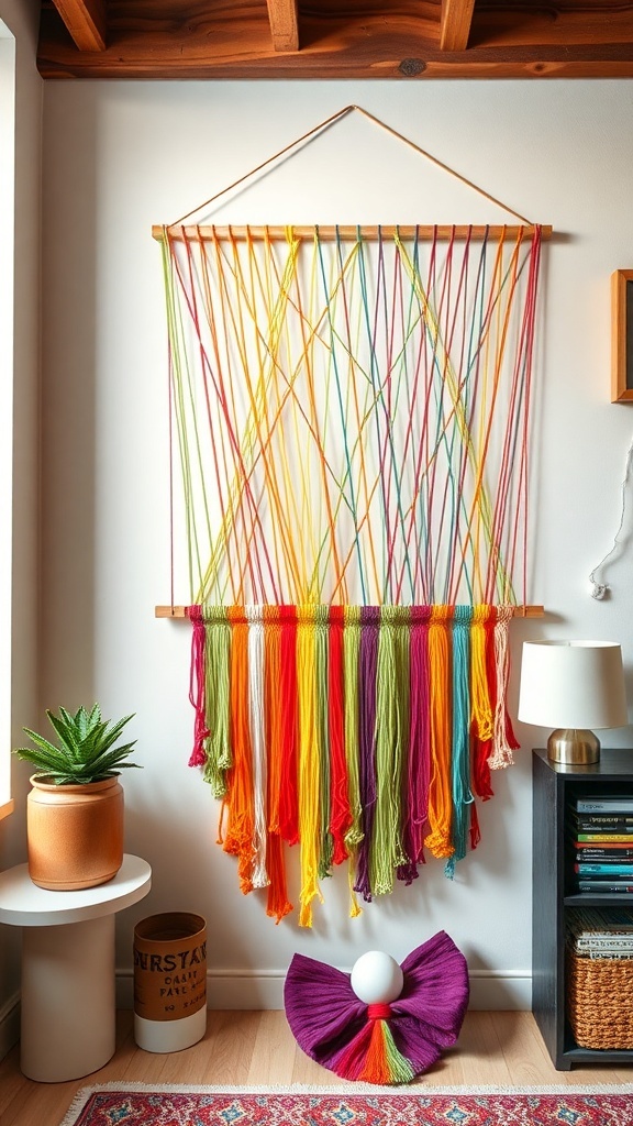 Colorful DIY string art hanging on a wall with vibrant threads.