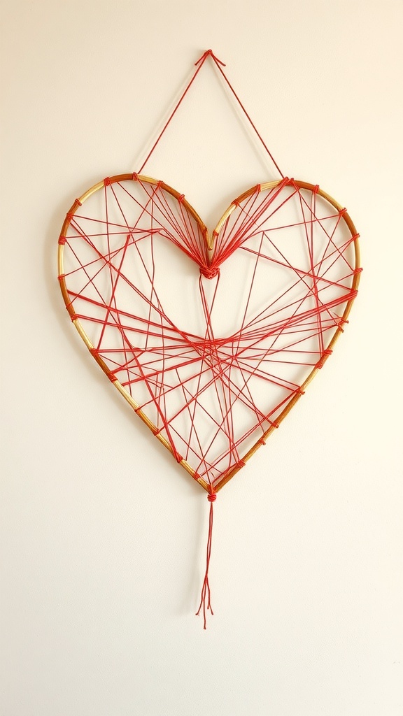 Heart-shaped string art design on a wall.