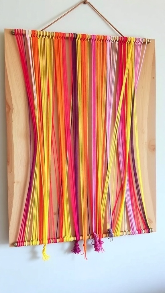 Colorful string art displayed on a wooden board, showcasing vibrant strings in various colors.