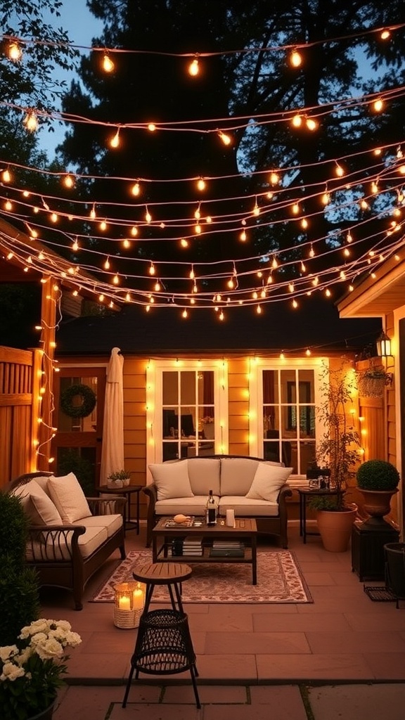 Cozy outdoor seating area with a canopy of string lights.