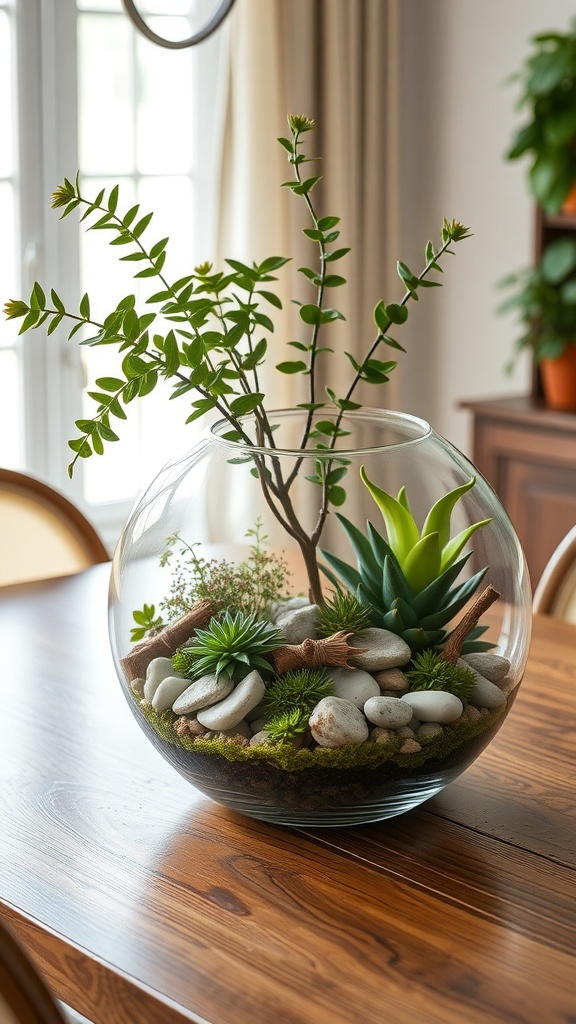 A glass terrarium centerpiece with various plants, stones, and moss on a wooden table.