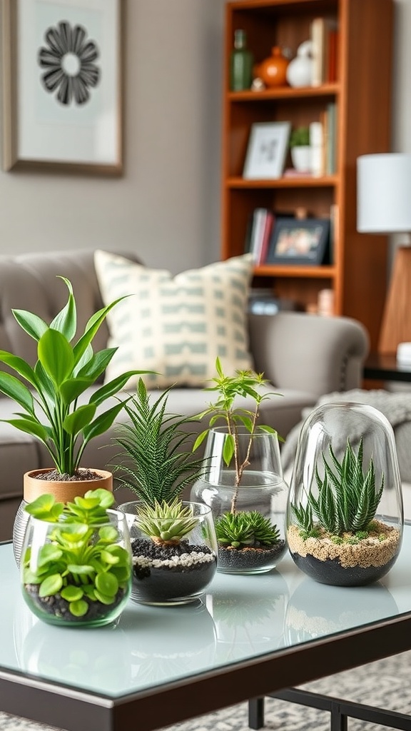 A collection of DIY terrariums with various indoor plants on a coffee table.