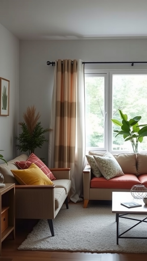 A cozy living room with colorful cushions on a sofa and stylish curtains by the window.