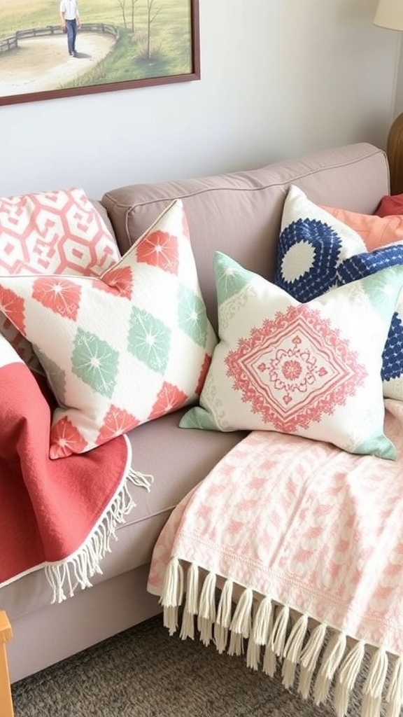 A cozy couch with colorful blankets and decorative pillows, showcasing DIY textile decor.