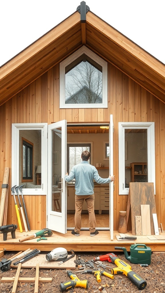 Mann steht vor einem selbstgebauten Tiny House mit Werkzeugen und Materialien um ihn herum.