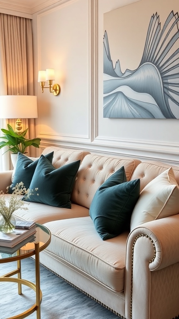 A cozy living room featuring a beige sofa with teal velvet throw pillows and a stylish glass coffee table.