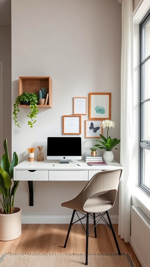 A modern wall-mounted desk setup with a computer, plants, and framed art.