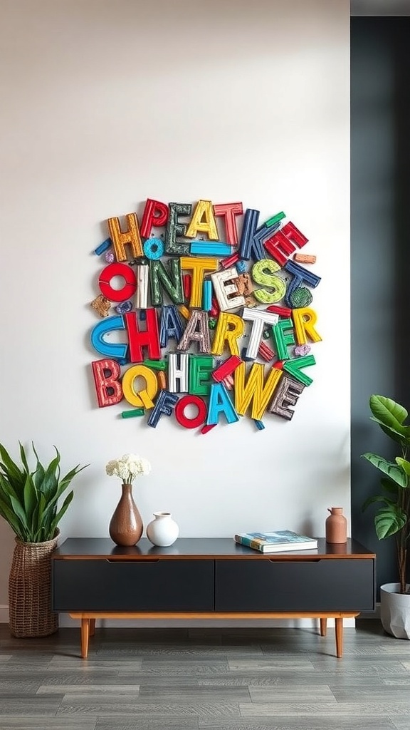Colorful DIY wall art made of letters on a white wall above a black sideboard with plants and decor.