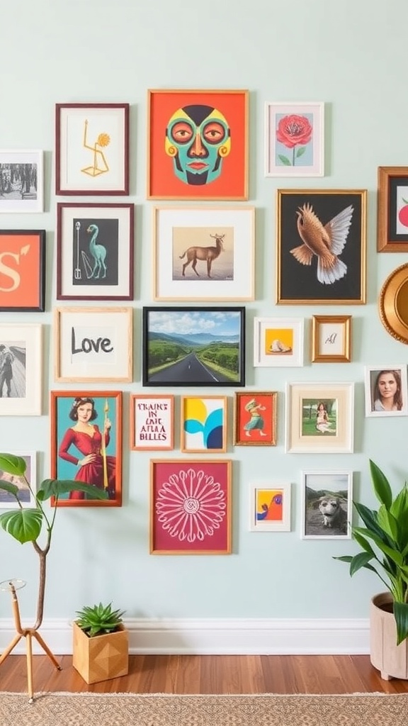 A colorful gallery wall featuring various framed artworks, including a mask, landscapes, and portraits, complemented by indoor plants.