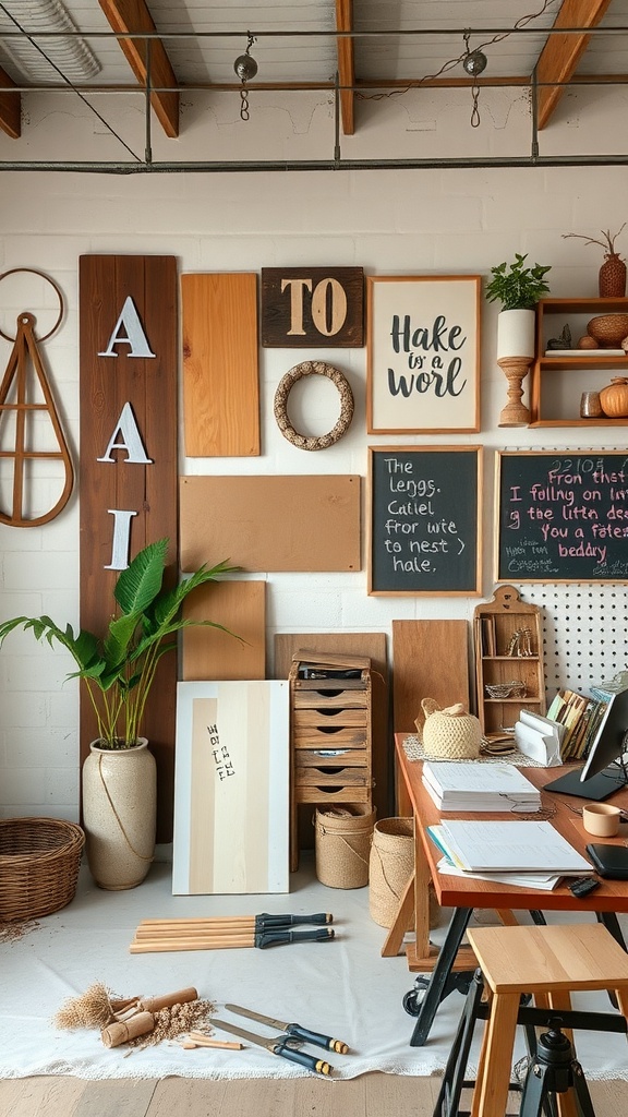 A cozy workspace with DIY wall art materials and finished pieces, showcasing a rustic and boho vibe.