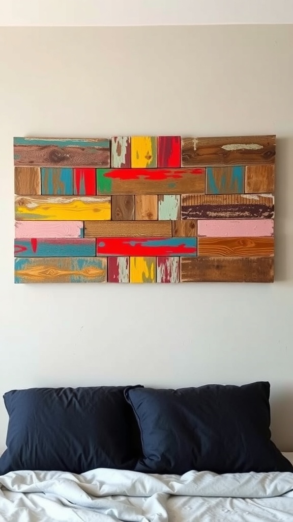 Colorful wall art featuring the word 'wour' above a neatly made bed with decorative pillows.