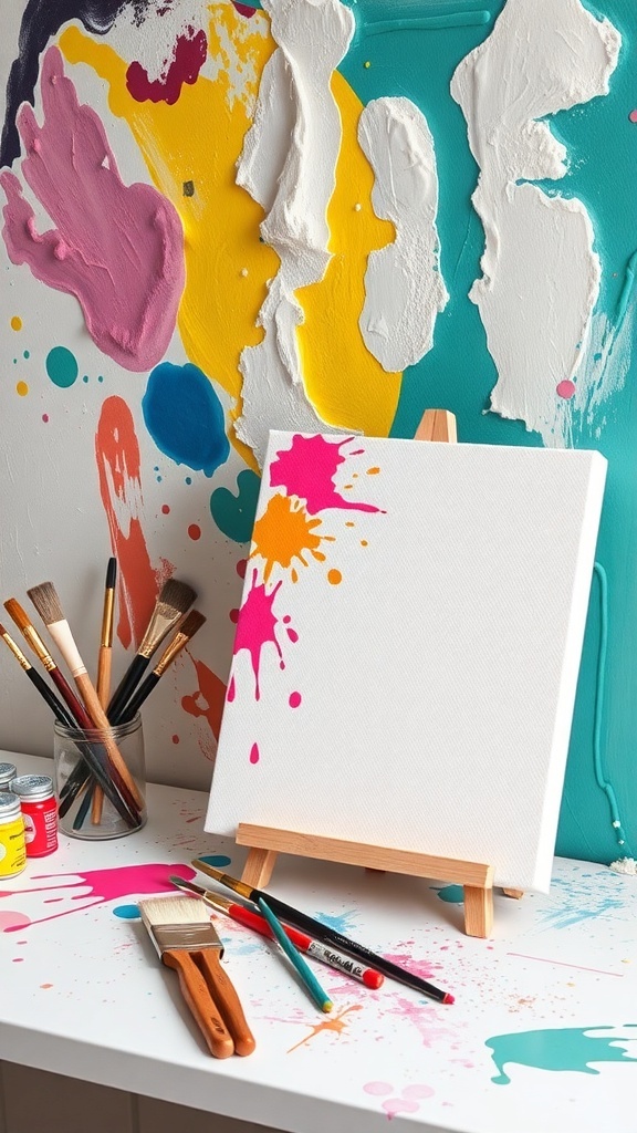A workspace with a blank canvas, paint supplies, and a colorful wall art design in the background.