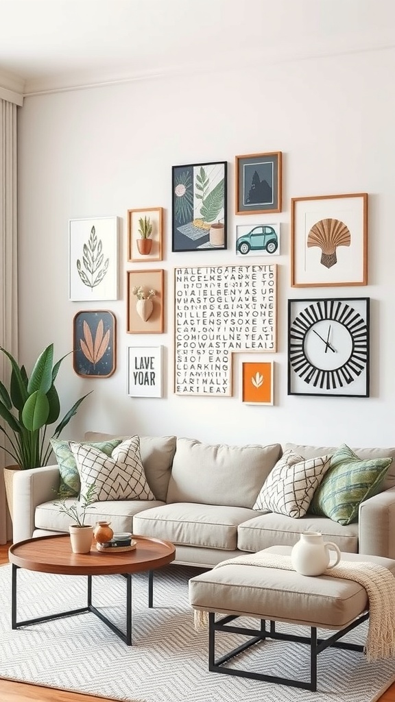 A cozy living room with a gallery wall featuring various DIY wall art pieces.