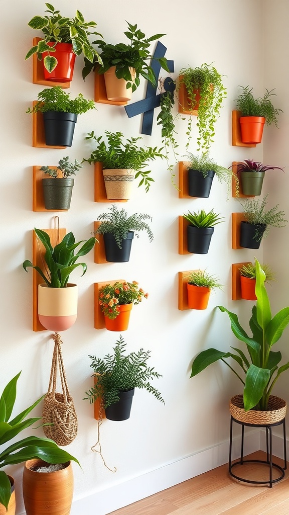 A wall decorated with various plants in colorful pots, showcasing a DIY wall planter arrangement.