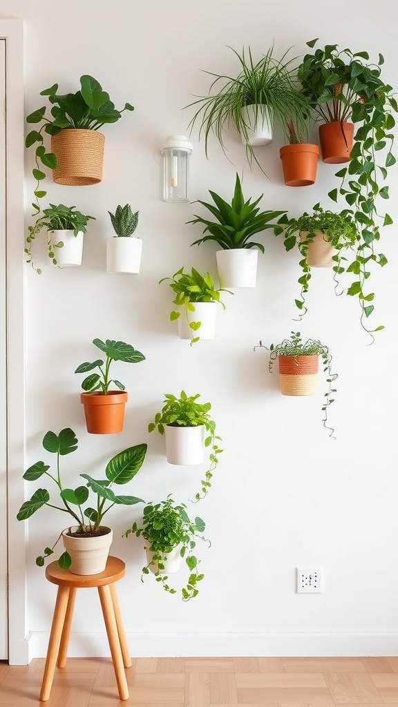 A wall with various plants in pots, showcasing a DIY wall planter design.